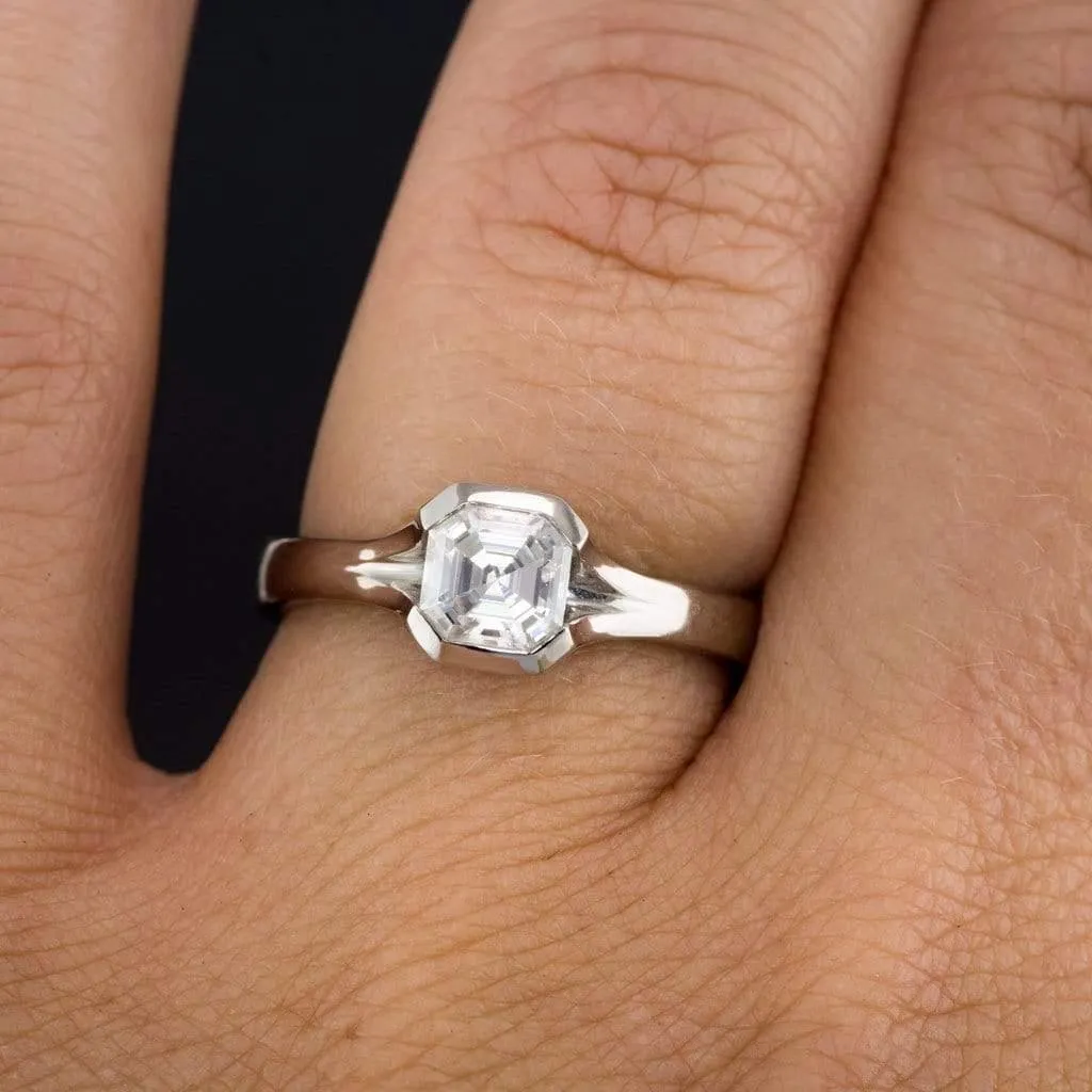 Asscher Cut Moissanite Fold Semi-Bezel Set Solitaire Engagement Ring