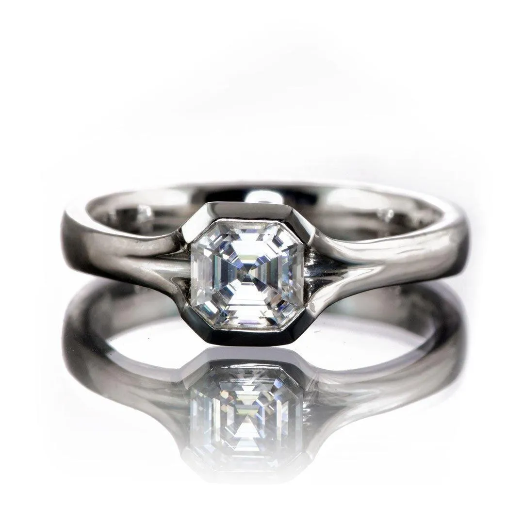 Asscher Cut Moissanite Fold Semi-Bezel Set Solitaire Engagement Ring