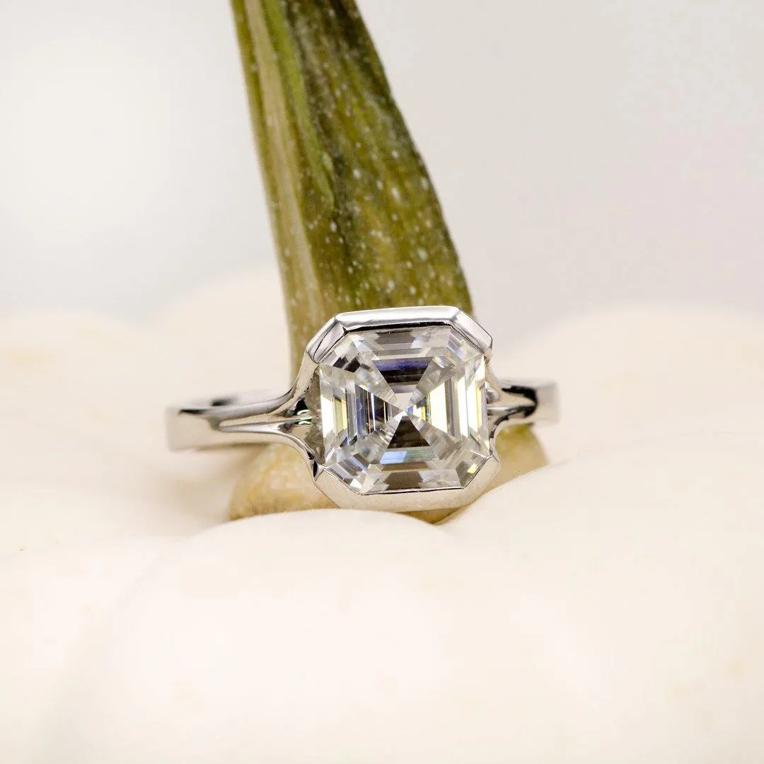 Asscher Cut Moissanite Fold Semi-Bezel Set Solitaire Engagement Ring