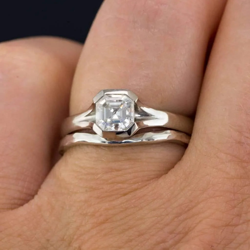 Asscher Cut Moissanite Fold Semi-Bezel Set Solitaire Engagement Ring