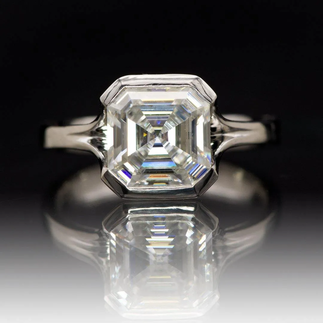 Asscher Cut Moissanite Fold Semi-Bezel Set Solitaire Engagement Ring