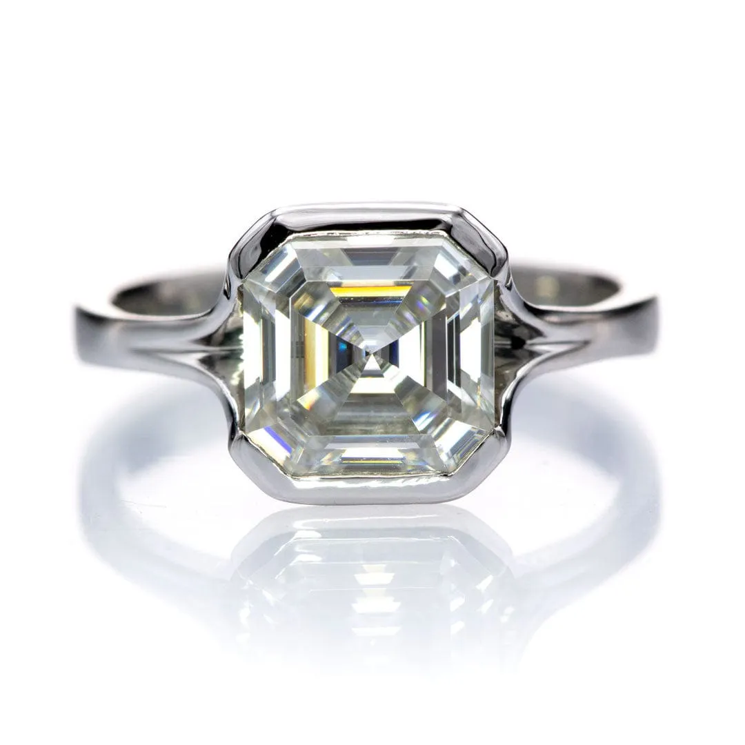 Asscher Cut Moissanite Fold Semi-Bezel Set Solitaire Engagement Ring