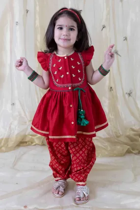 Baby Girl Chanderi Silk Ruffle Sleeves Angrakha Set - Red