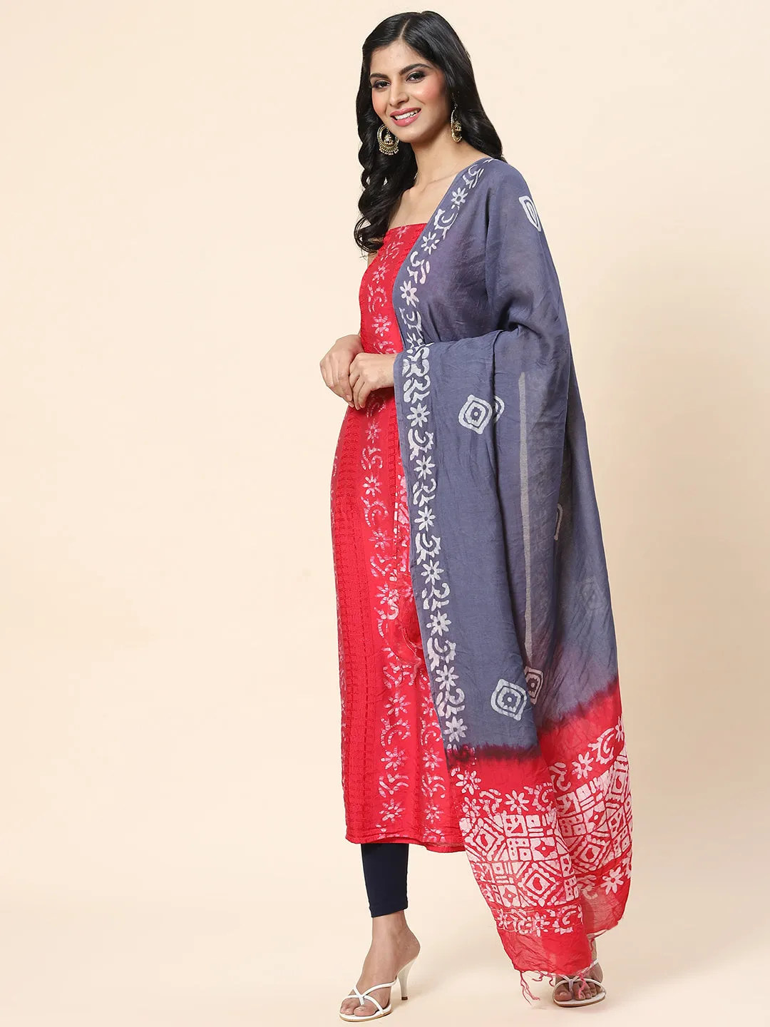 Batik Printed Chanderi Unstitched Suit Piece With Dupatta