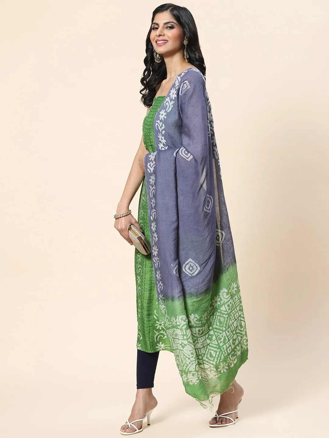 Batik Printed Chanderi Unstitched Suit Piece With Dupatta