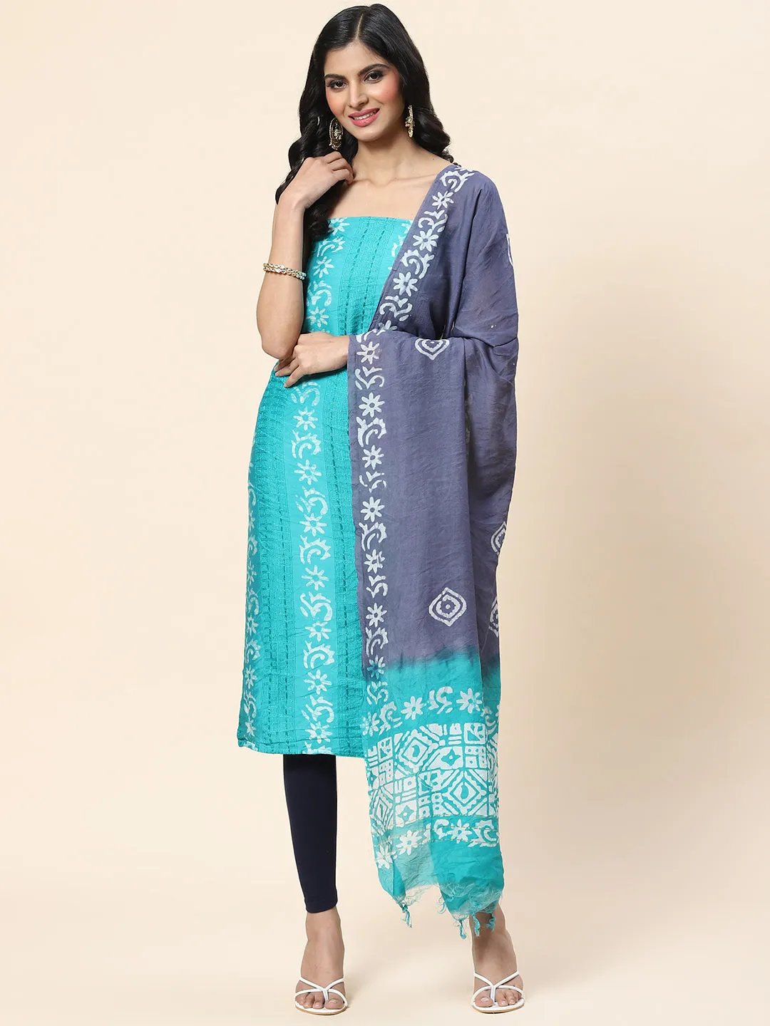 Batik Printed Chanderi Unstitched Suit Piece With Dupatta