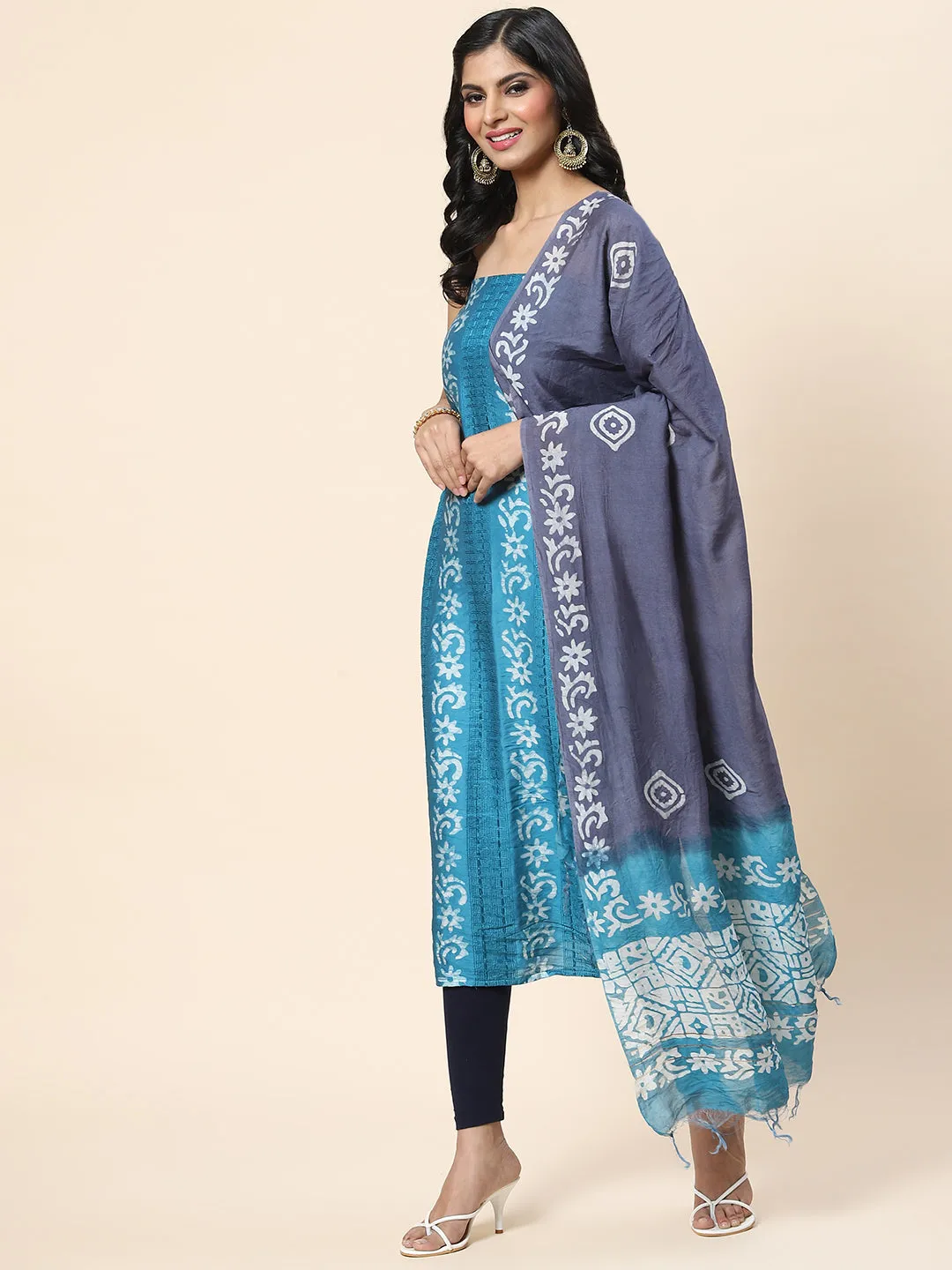 Batik Printed Chanderi Unstitched Suit Piece With Dupatta