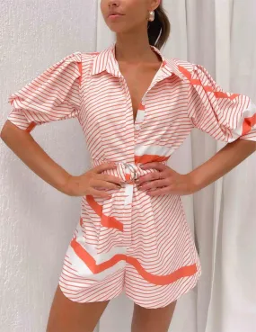 Belted Stripe Print Romper - Puff Sleeve Summer Style