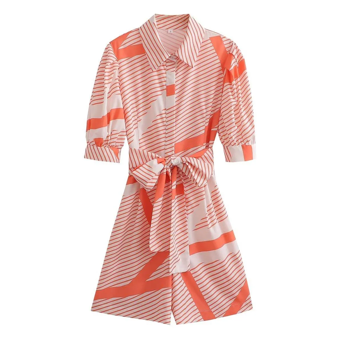 Belted Stripe Print Romper - Puff Sleeve Summer Style