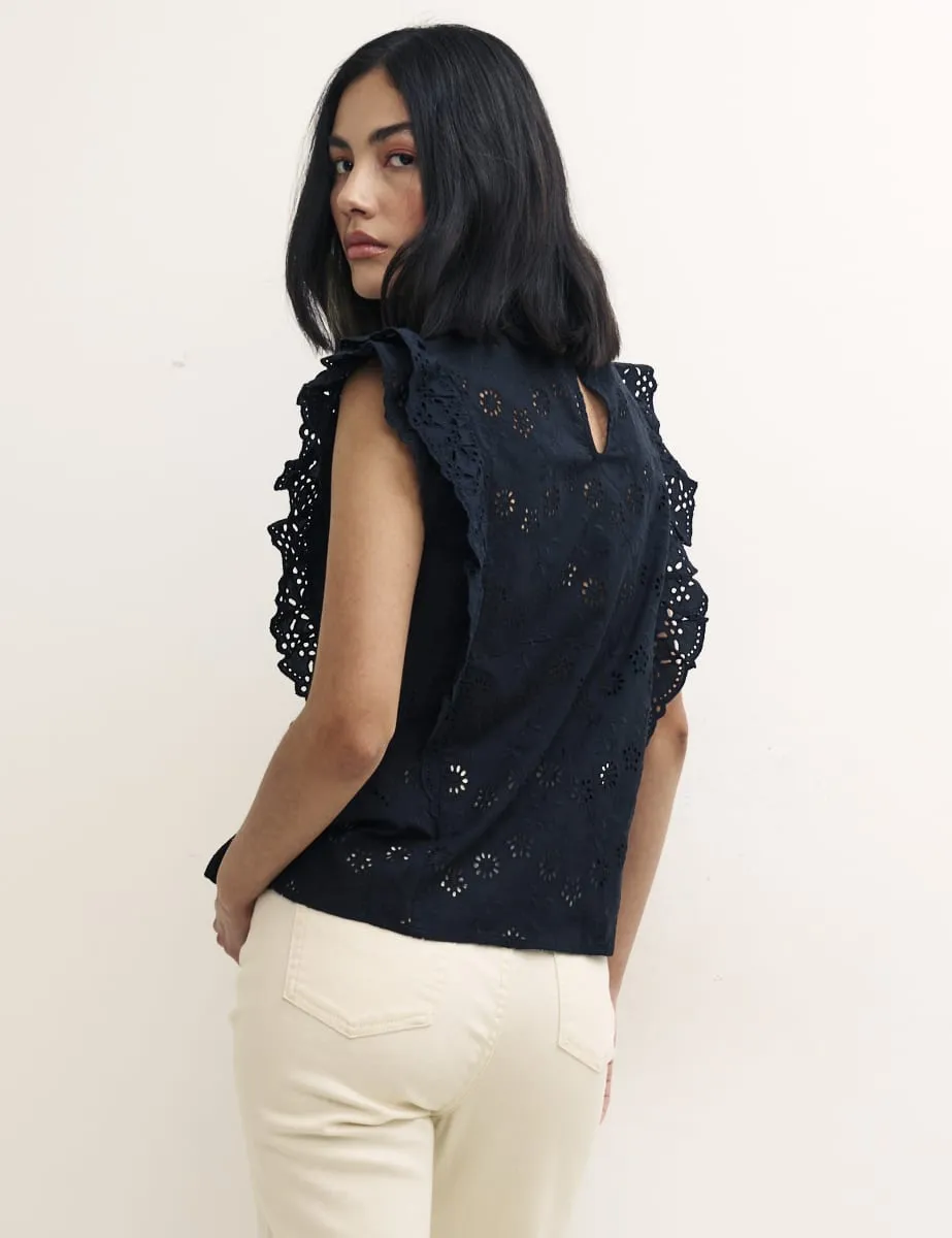 Black Broderie Frill Sleeve Una Top