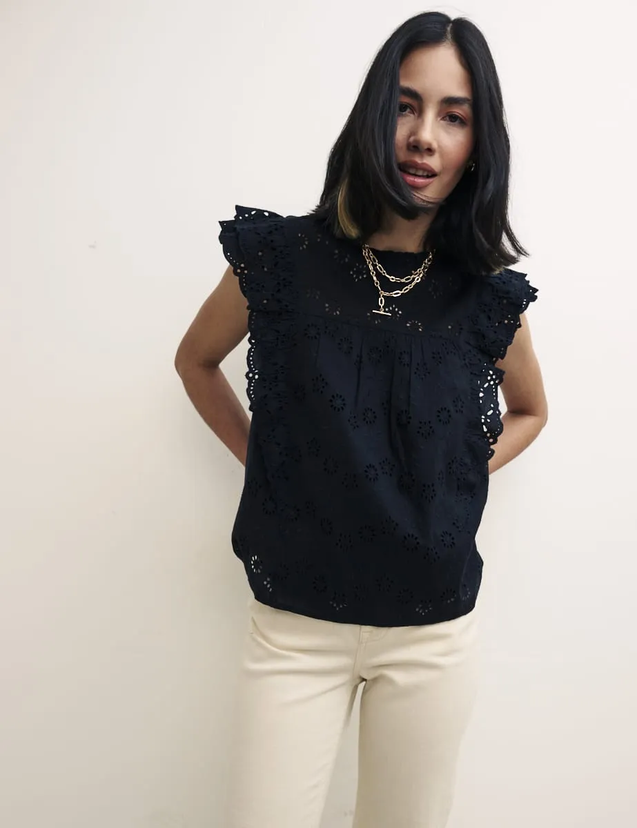 Black Broderie Frill Sleeve Una Top