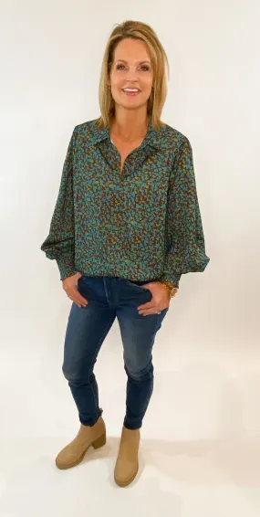 Blue Brown Floral Collared Top