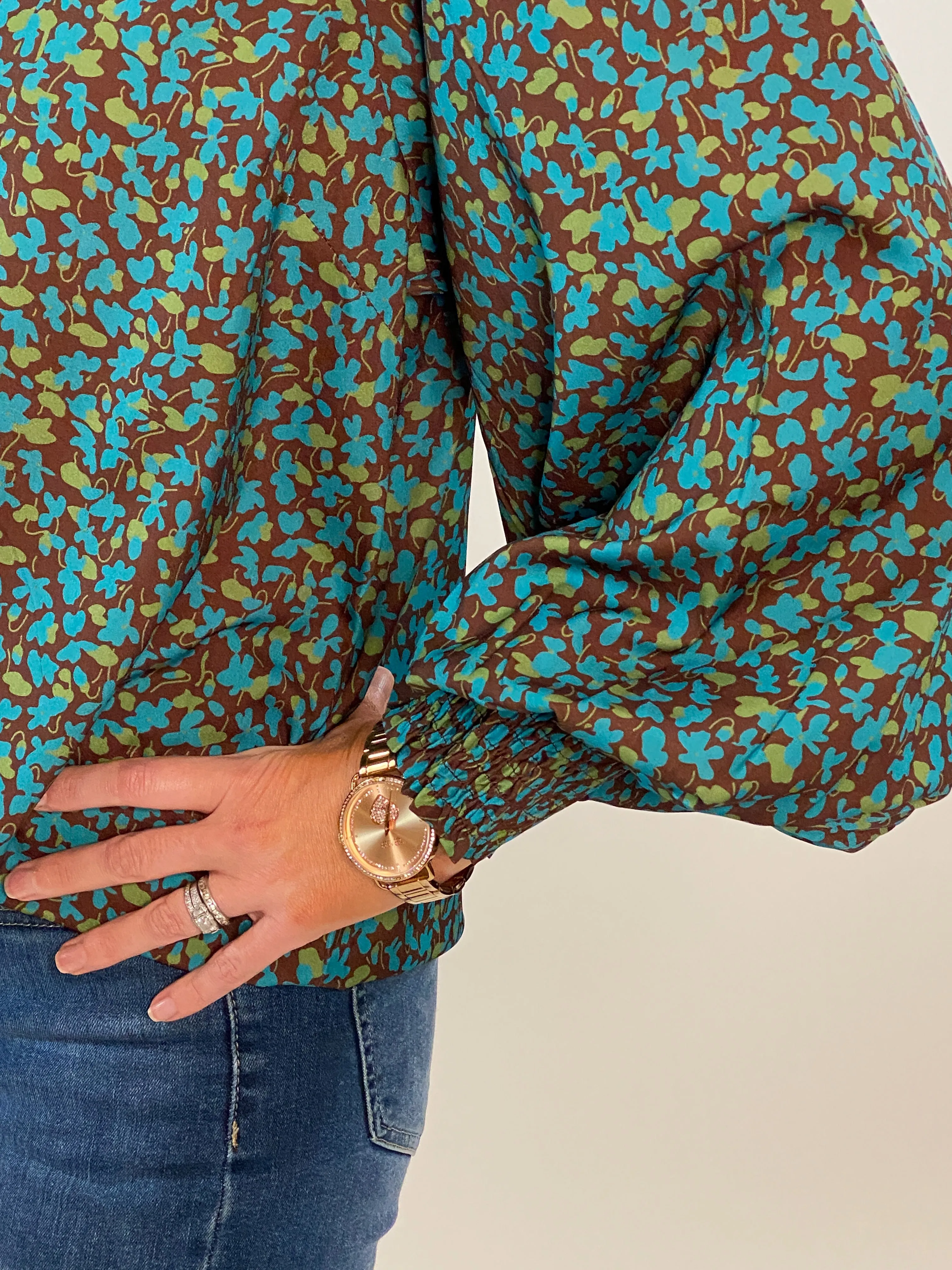 Blue Brown Floral Collared Top