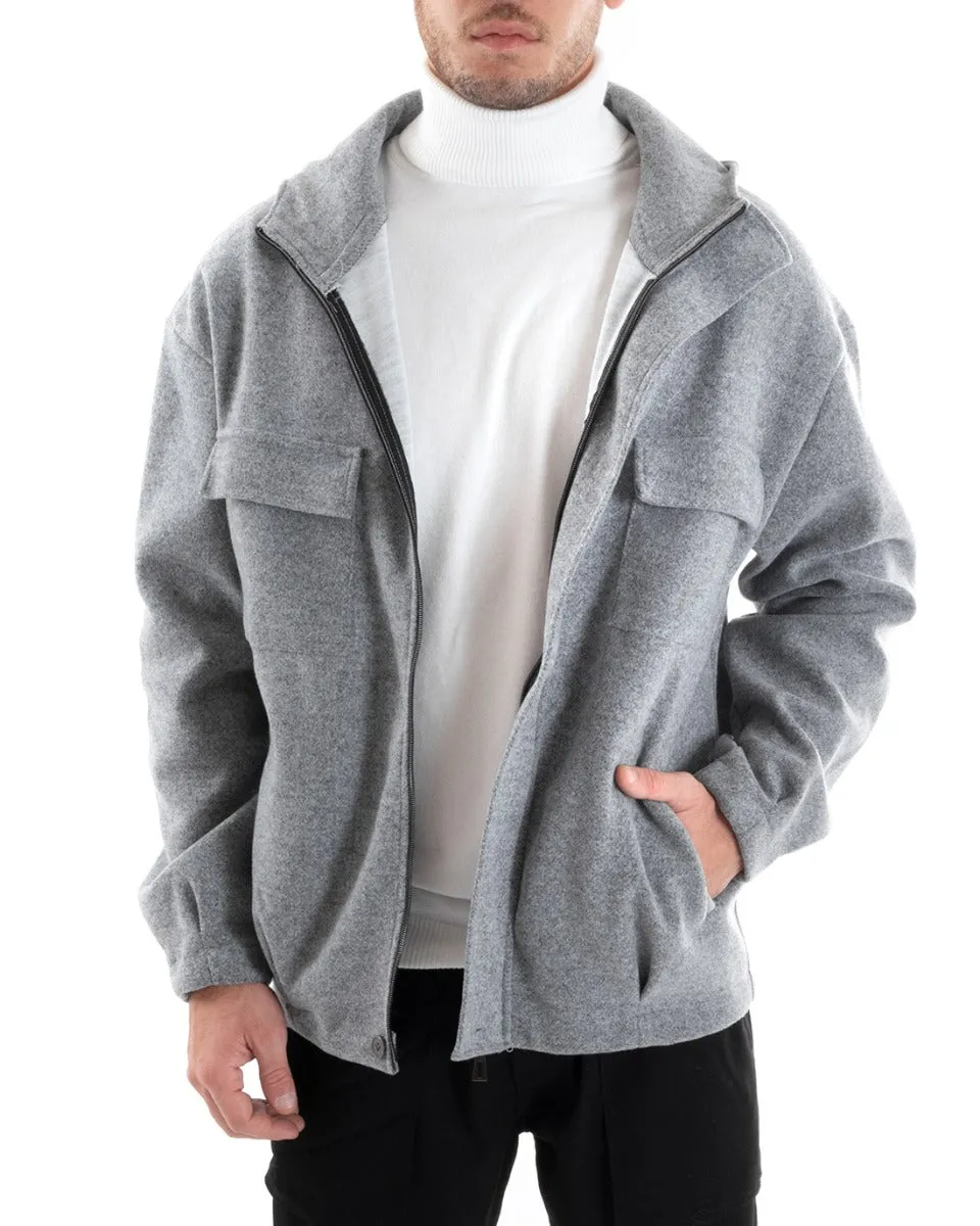 Cappotto Giubbotto Uomo Giacca Con Zip Camoscio Cappuccio Tinta Unita Grigio Casual GIOSAL-G2945A