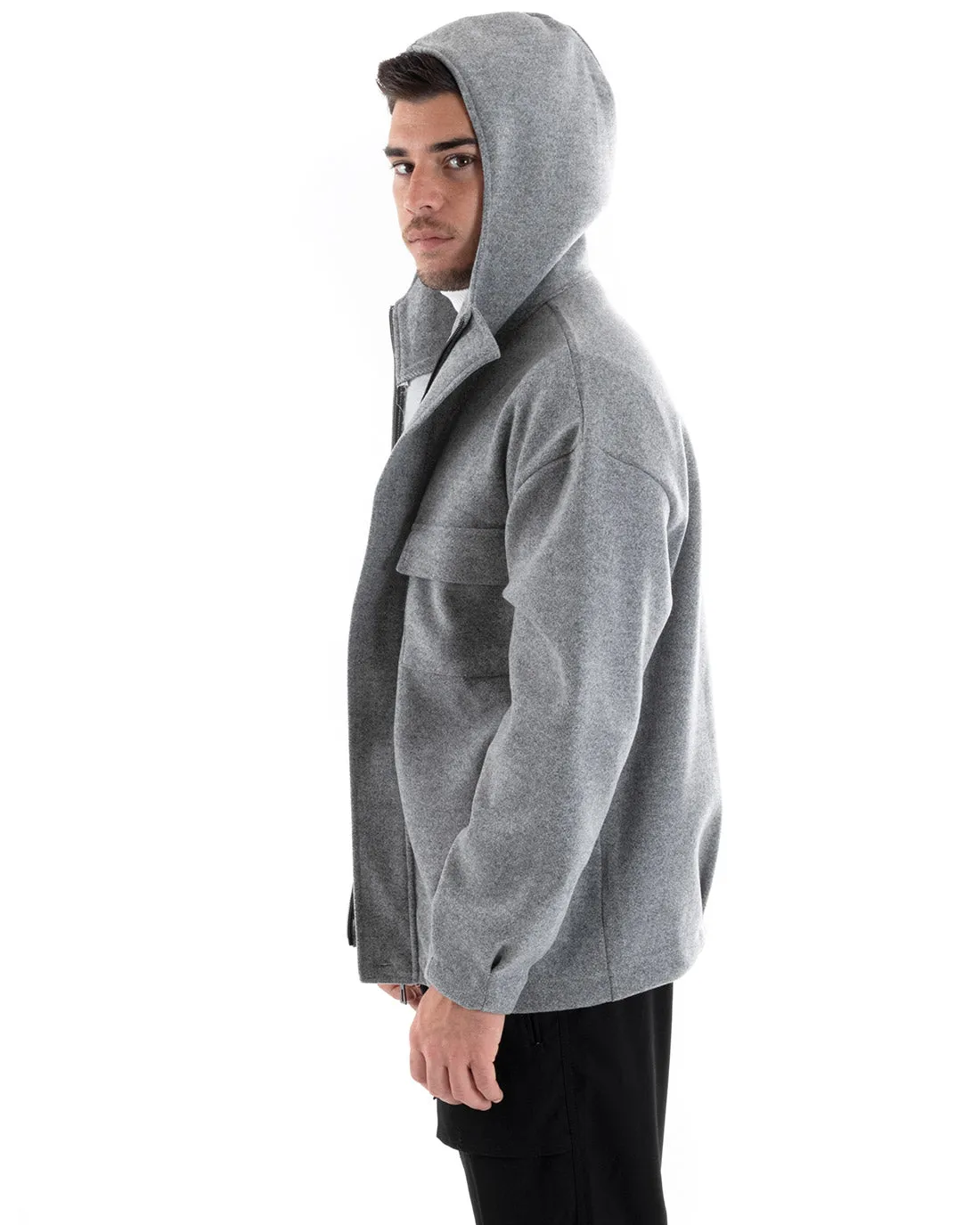 Cappotto Giubbotto Uomo Giacca Con Zip Camoscio Cappuccio Tinta Unita Grigio Casual GIOSAL-G2945A