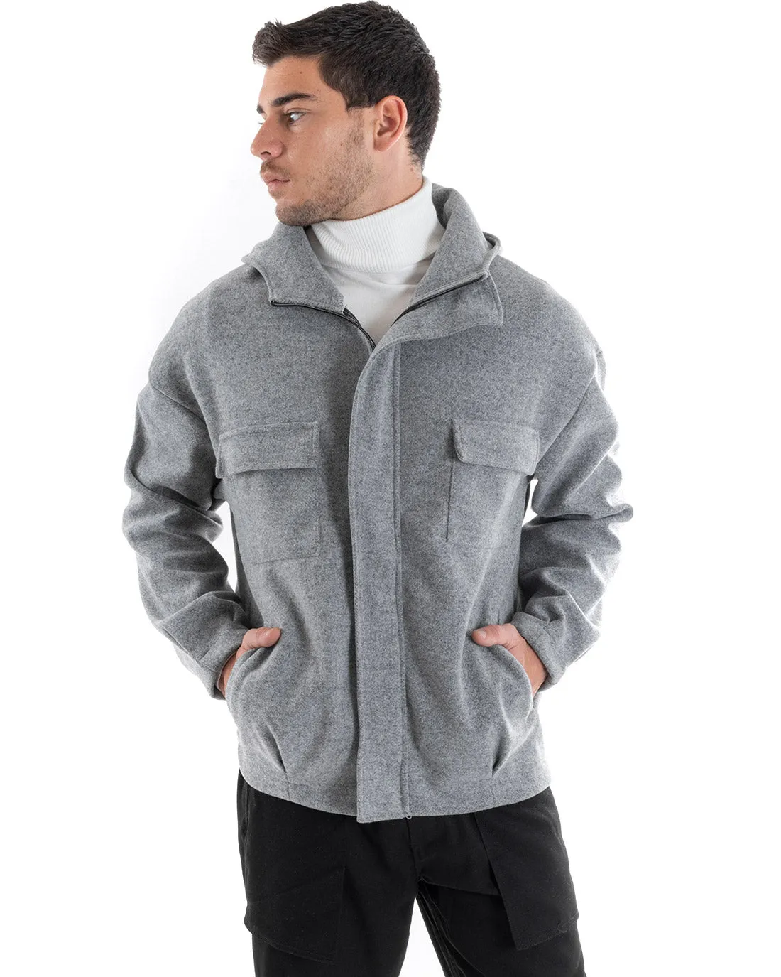 Cappotto Giubbotto Uomo Giacca Con Zip Camoscio Cappuccio Tinta Unita Grigio Casual GIOSAL-G2945A