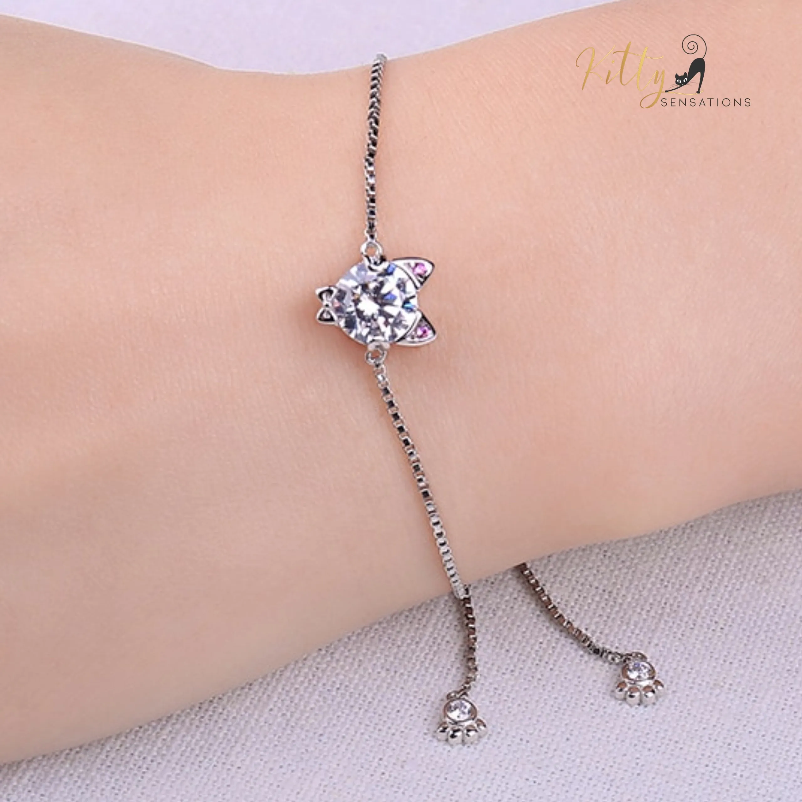 Classy Sparkling CZ Kitty Bracelet (Fine Jewelry) in Solid 925 Sterling Silver - Adjustable Size