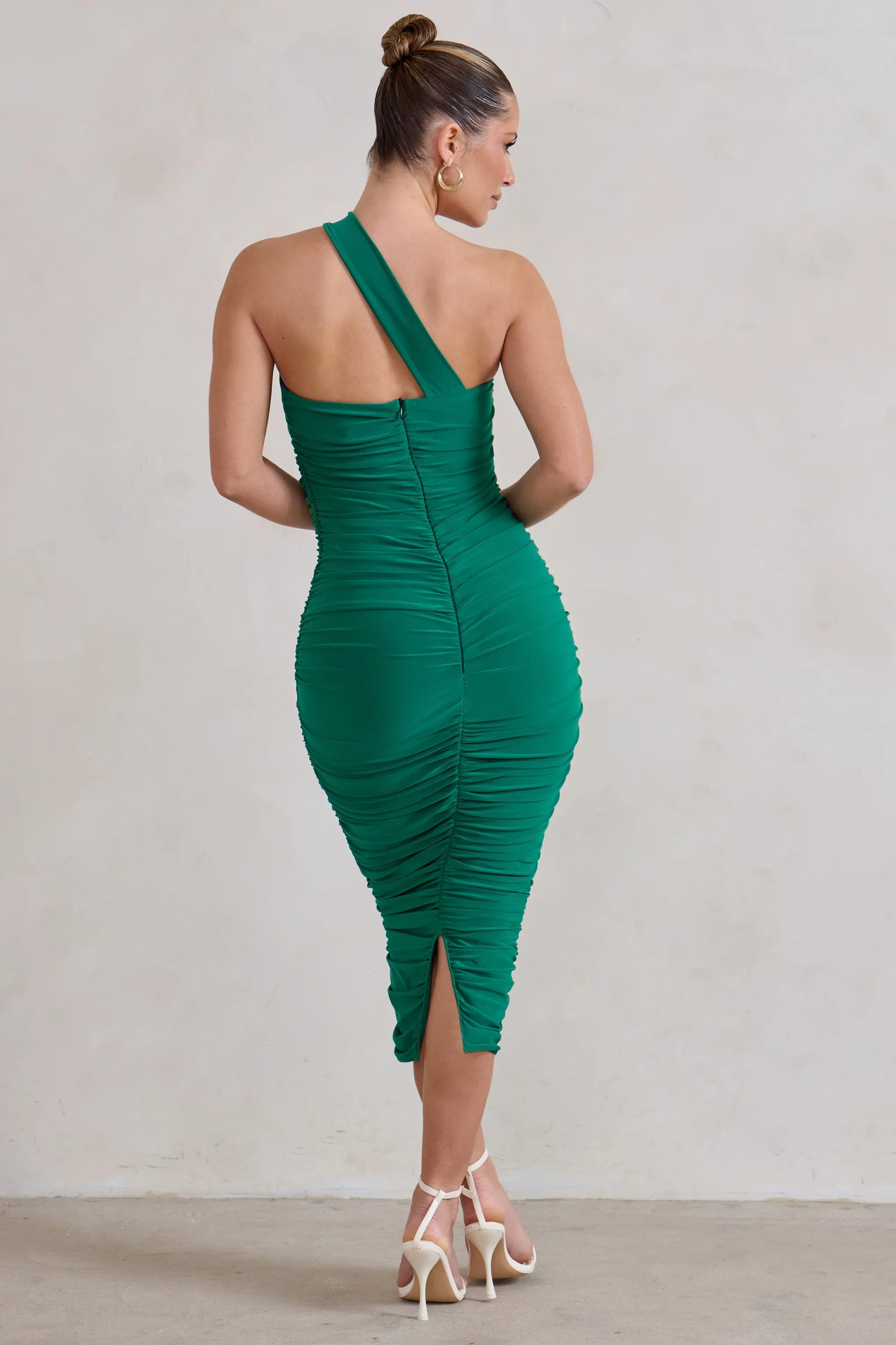 Connie | Green Ruched Asymmetric Neckline Midi Dress