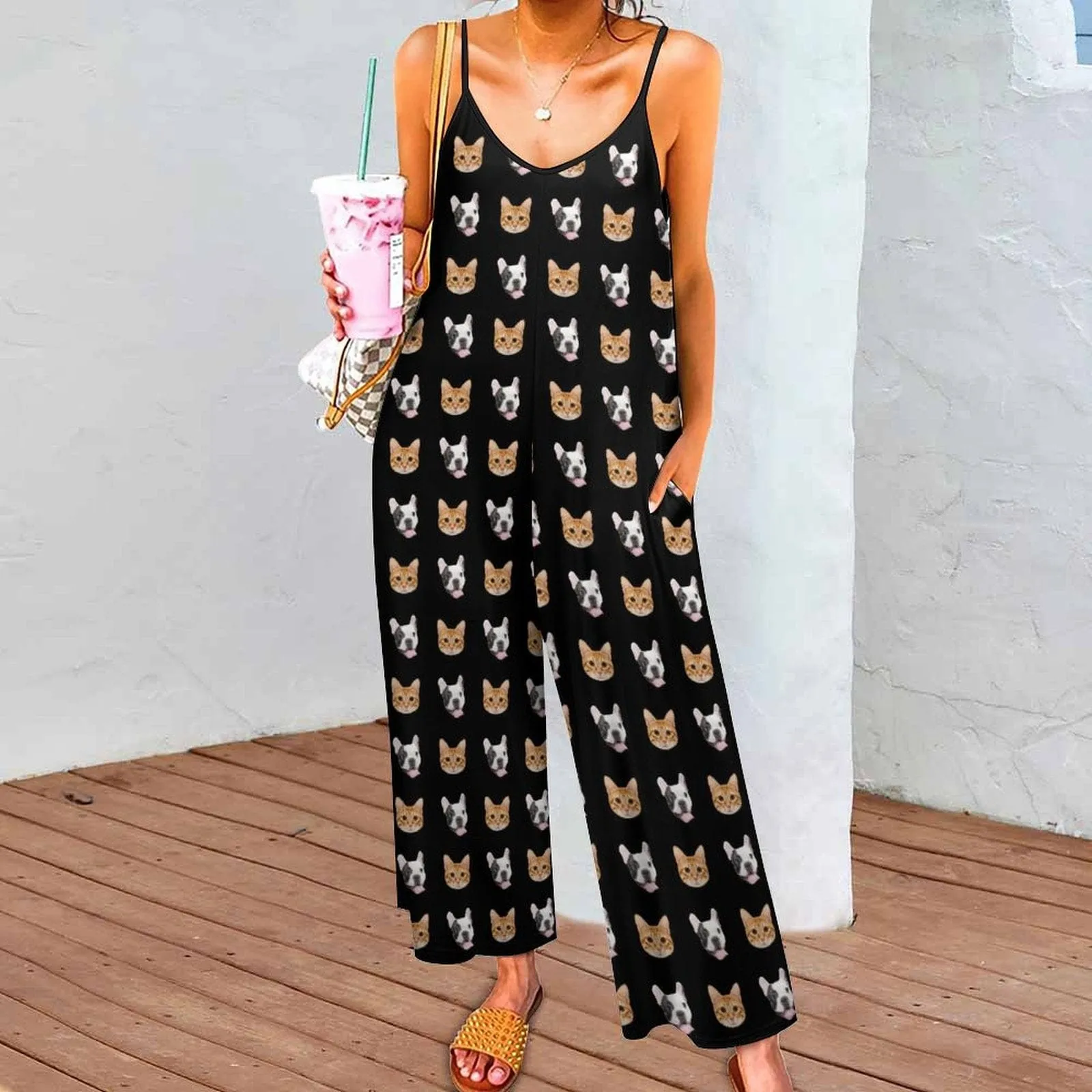 Custom Pet Faces Funny Women's Summer Casual Spaghetti Strap V Neck Oversized Wide Leg Jumpsuit Pockets Beach Travel Outfits