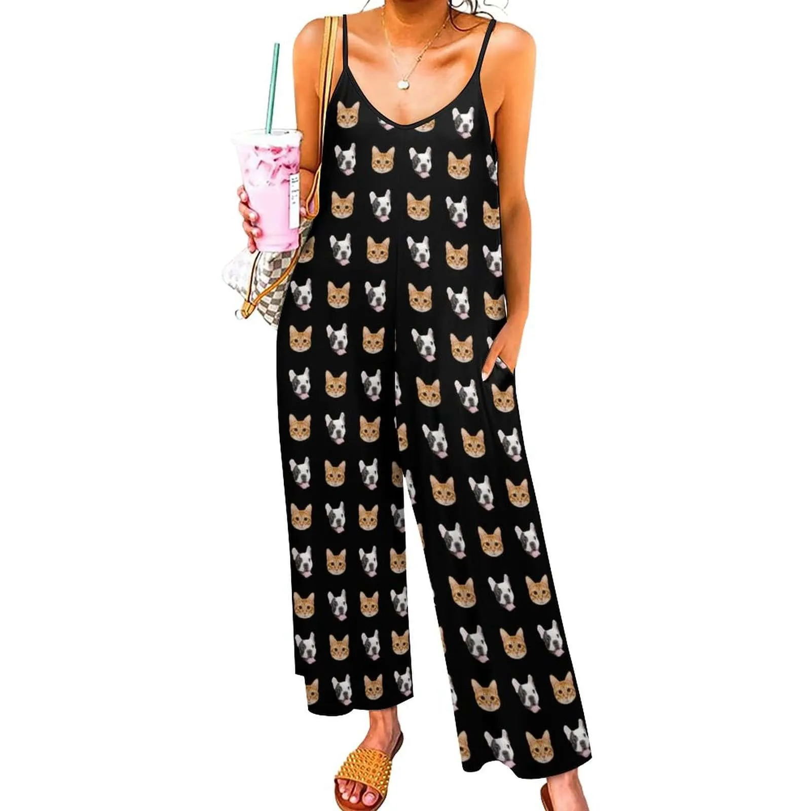 Custom Pet Faces Funny Women's Summer Casual Spaghetti Strap V Neck Oversized Wide Leg Jumpsuit Pockets Beach Travel Outfits