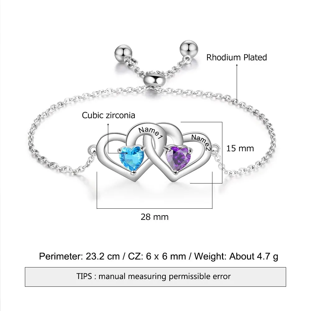 Customized 2 Birthstones Adjustable Chain Bracelet Personalized Intertwined Hearts Engraved Name Bracelets for Women