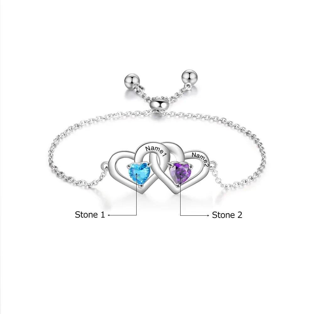 Customized 2 Birthstones Adjustable Chain Bracelet Personalized Intertwined Hearts Engraved Name Bracelets for Women