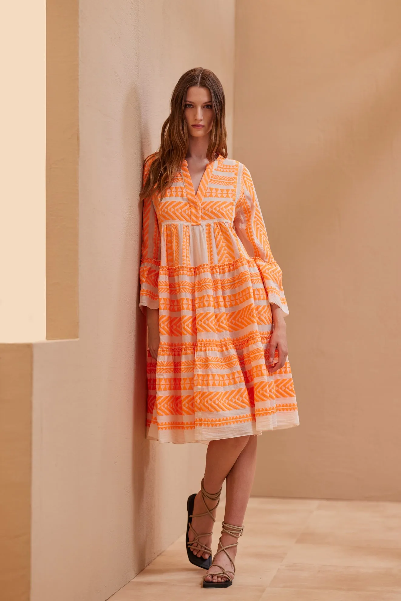 DEVOTION TWINS Ella MIDI Dress | NEON ORANGE on OFF WHITE