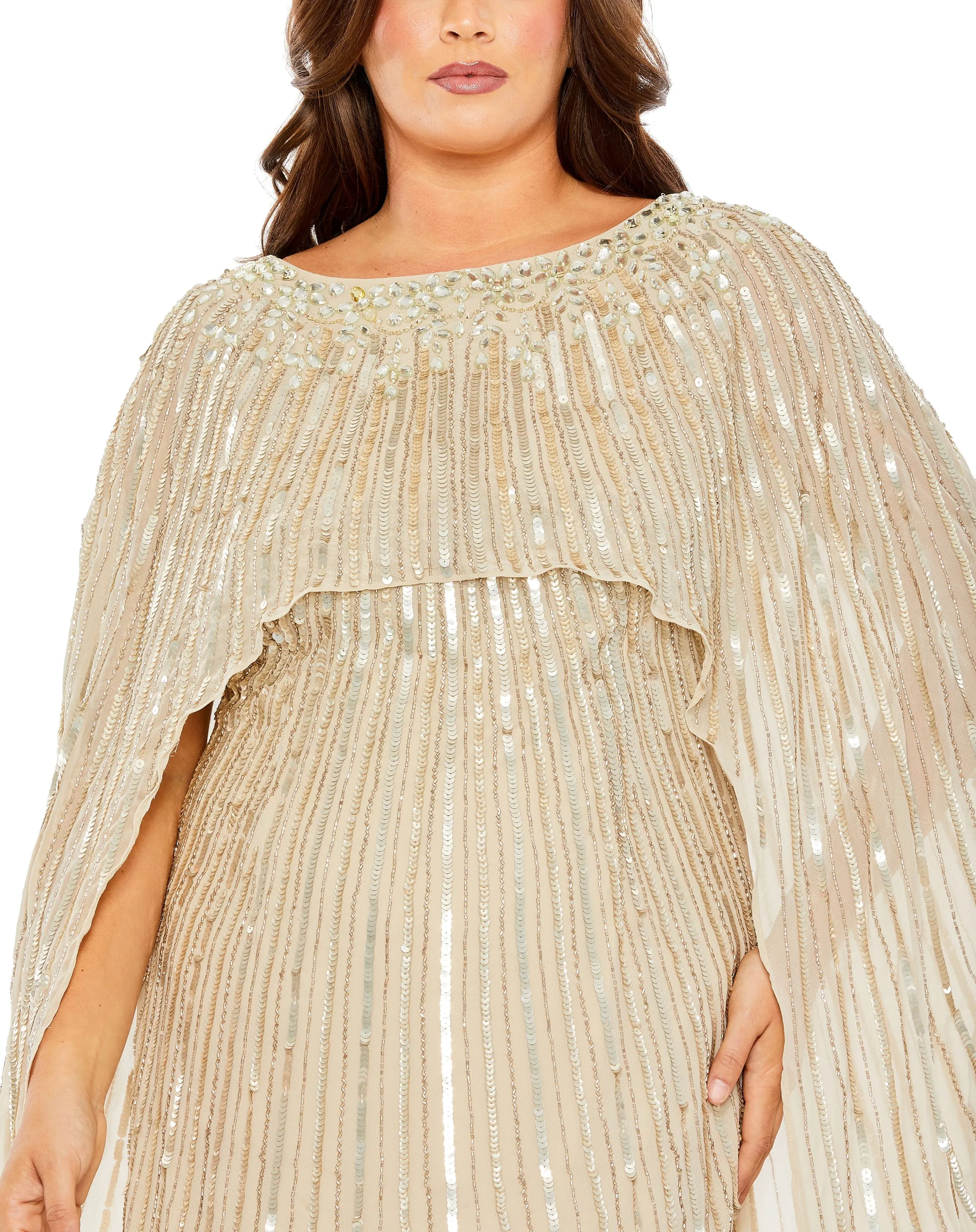 Embellished Column Cape Gown