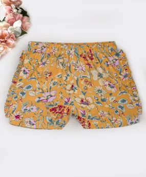 Floral print shorts with small pleats along sides-Mustard