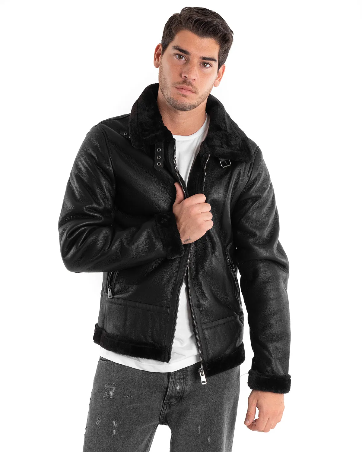 Giubbotto Uomo Chiodo Ecopelle Nero Pelliccia Casual Bomber GIOSAL-G2876A