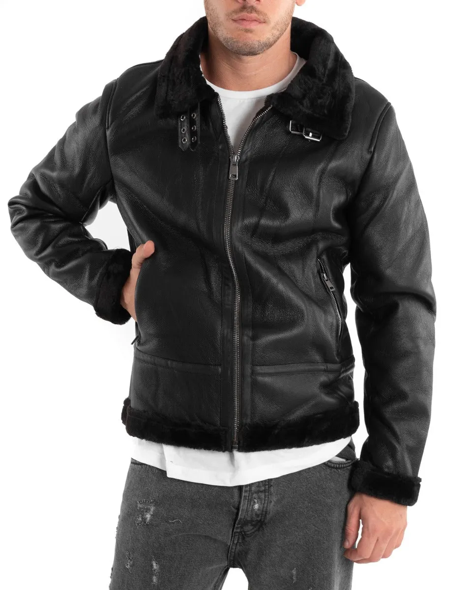 Giubbotto Uomo Chiodo Ecopelle Nero Pelliccia Casual Bomber GIOSAL-G2876A