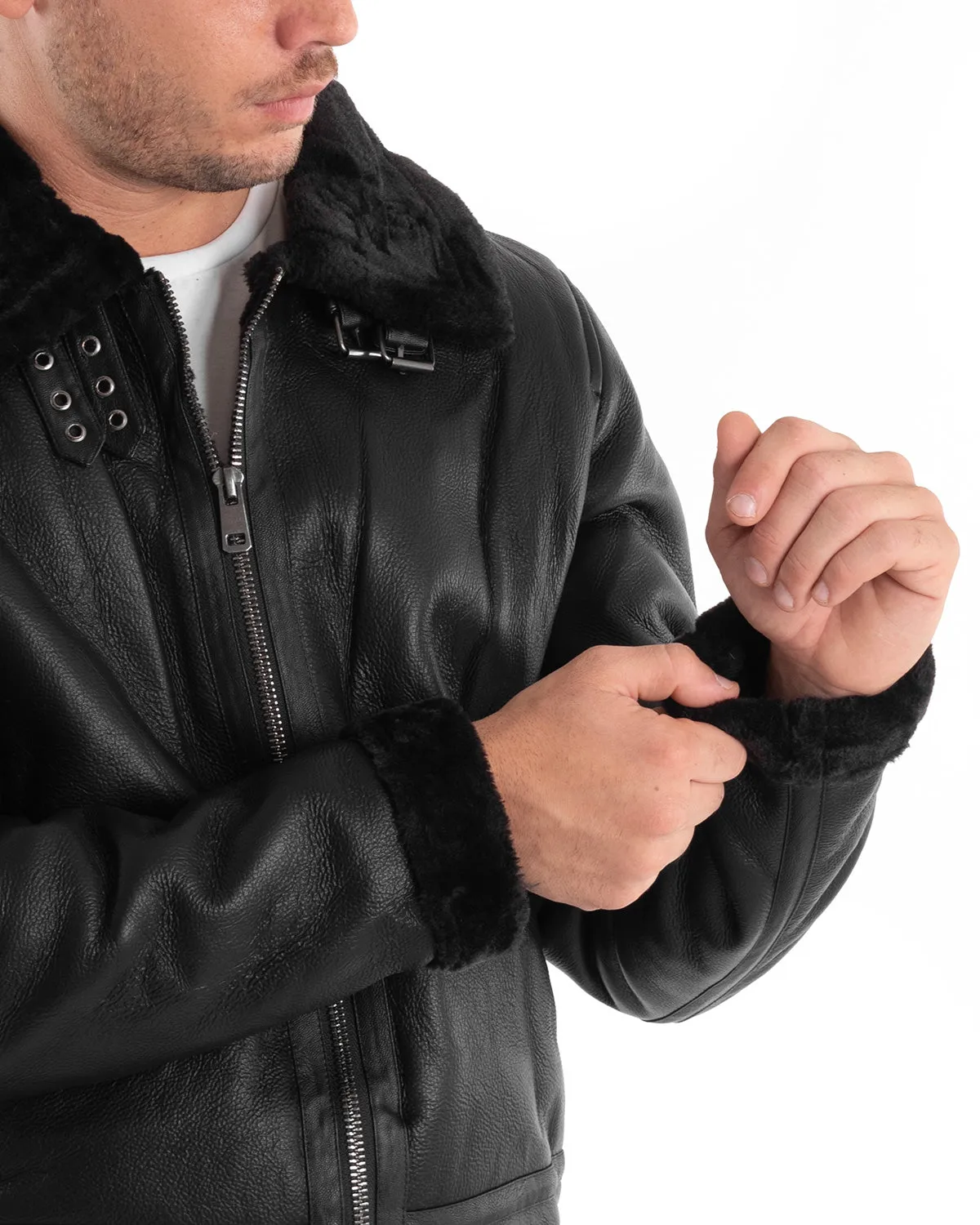 Giubbotto Uomo Chiodo Ecopelle Nero Pelliccia Casual Bomber GIOSAL-G2876A