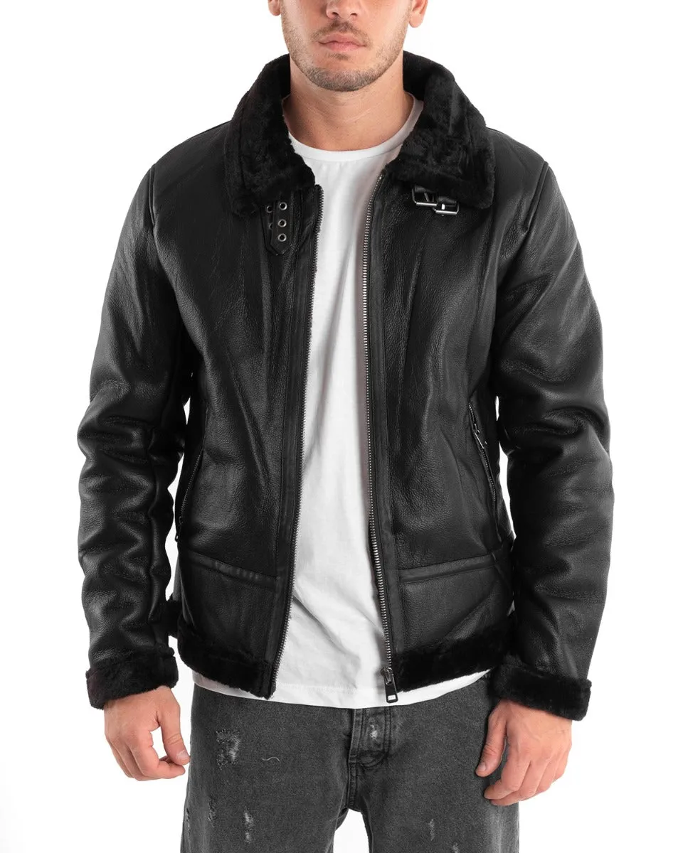 Giubbotto Uomo Chiodo Ecopelle Nero Pelliccia Casual Bomber GIOSAL-G2876A