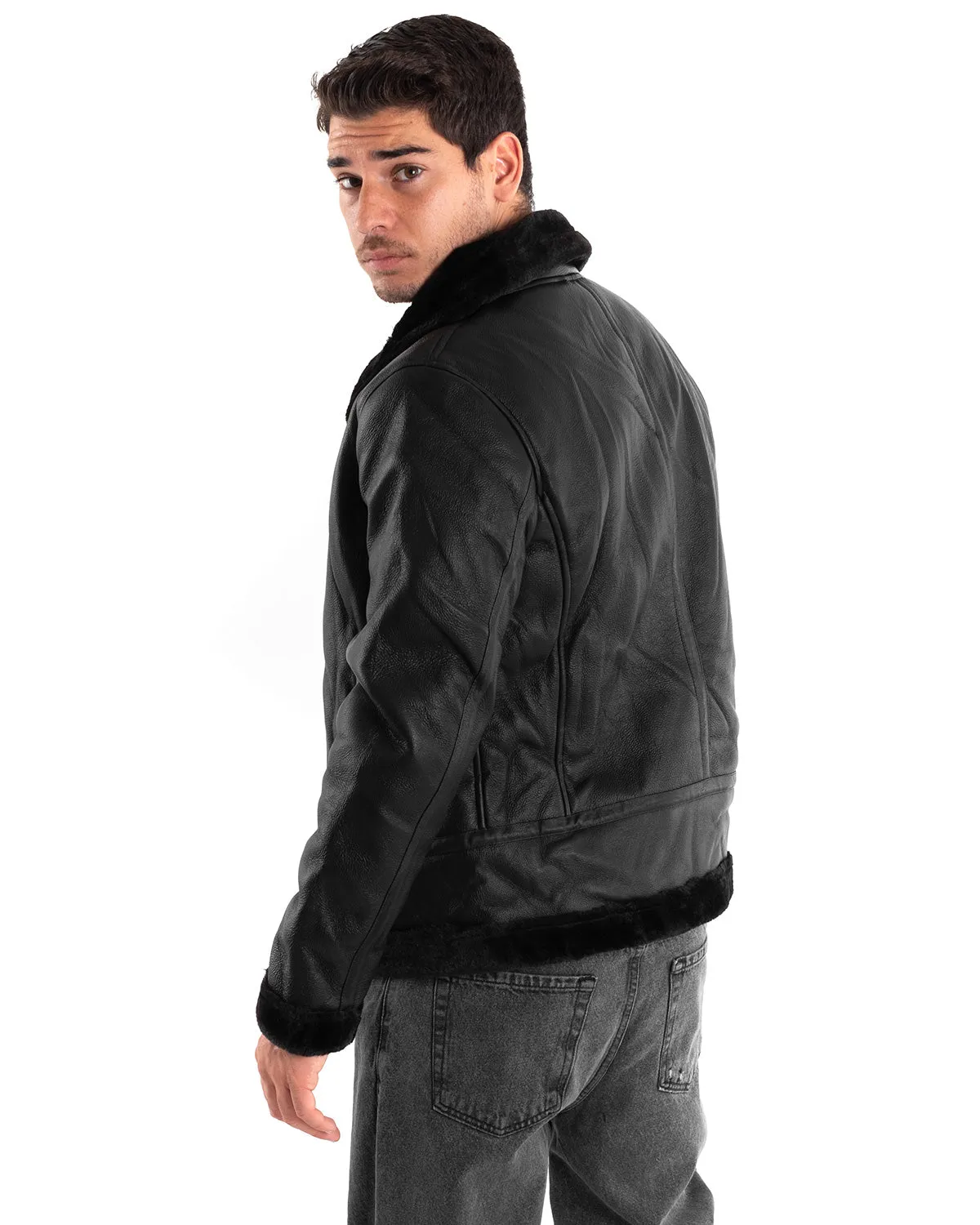 Giubbotto Uomo Chiodo Ecopelle Nero Pelliccia Casual Bomber GIOSAL-G2876A