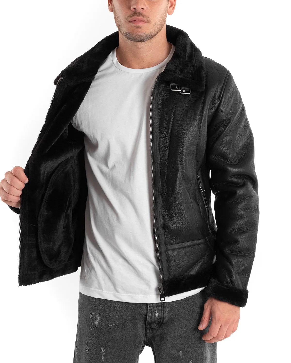 Giubbotto Uomo Chiodo Ecopelle Nero Pelliccia Casual Bomber GIOSAL-G2876A