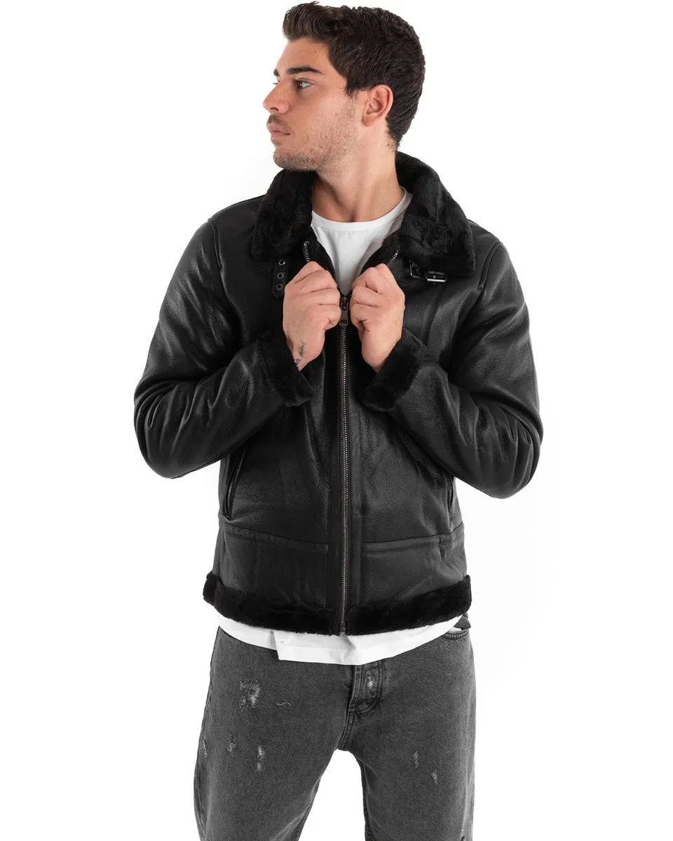 Giubbotto Uomo Chiodo Ecopelle Nero Pelliccia Casual Bomber GIOSAL-G2876A