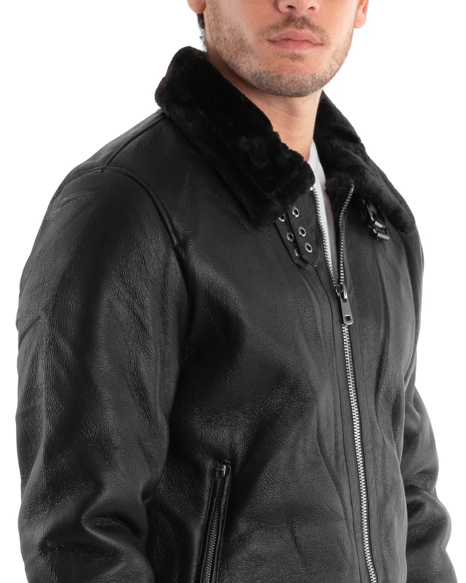 Giubbotto Uomo Chiodo Ecopelle Nero Pelliccia Casual Bomber GIOSAL-G2876A