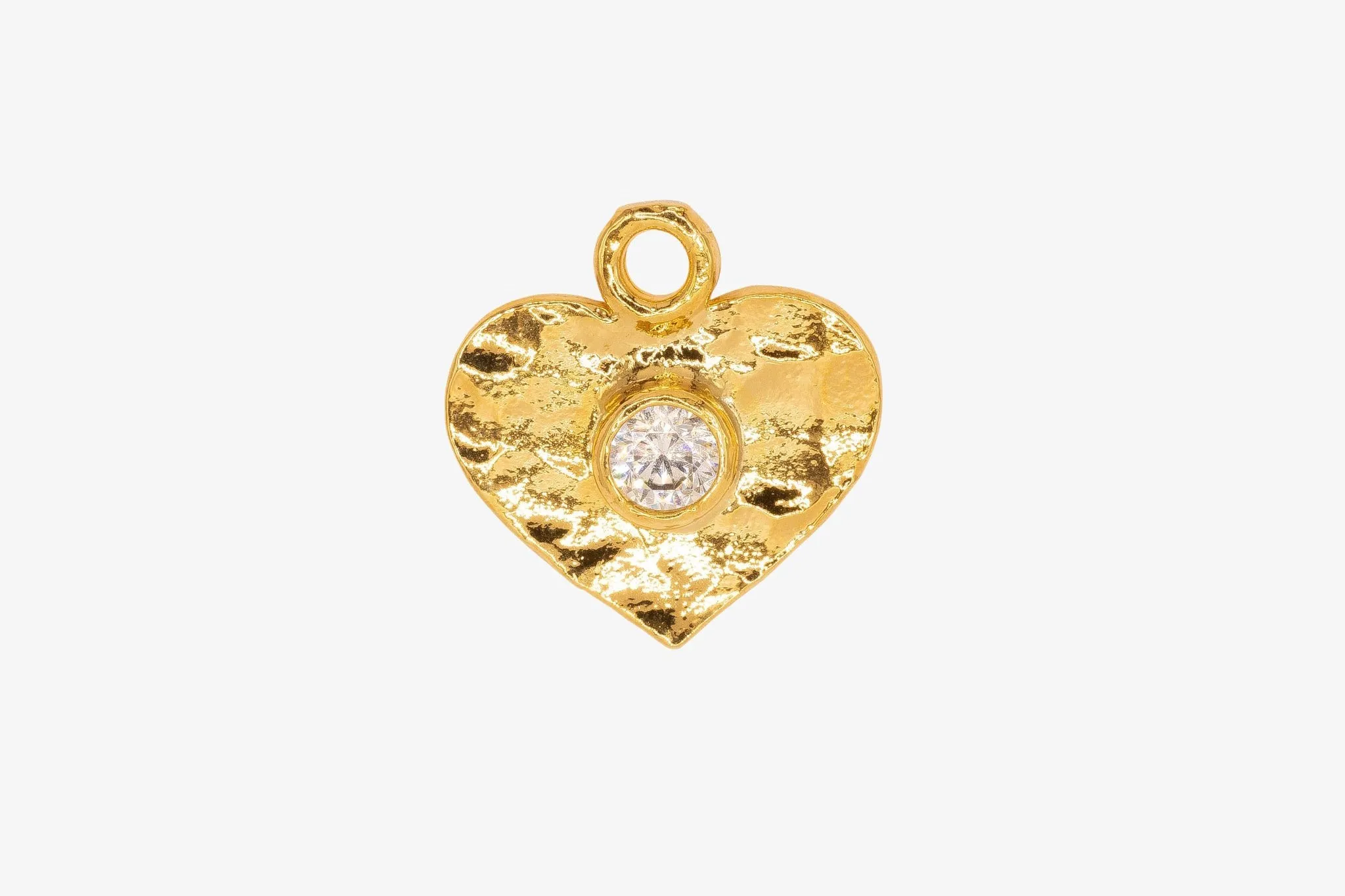 Gold Hammered Heart Charm with CZ, 14K Solid Gold, Jewelry Making Charm