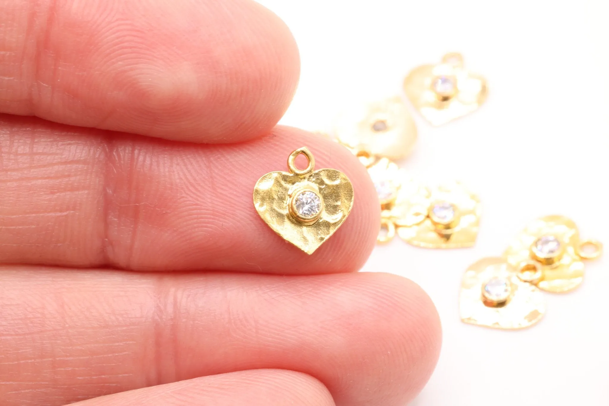 Gold Hammered Heart Charm with CZ, 14K Solid Gold, Jewelry Making Charm