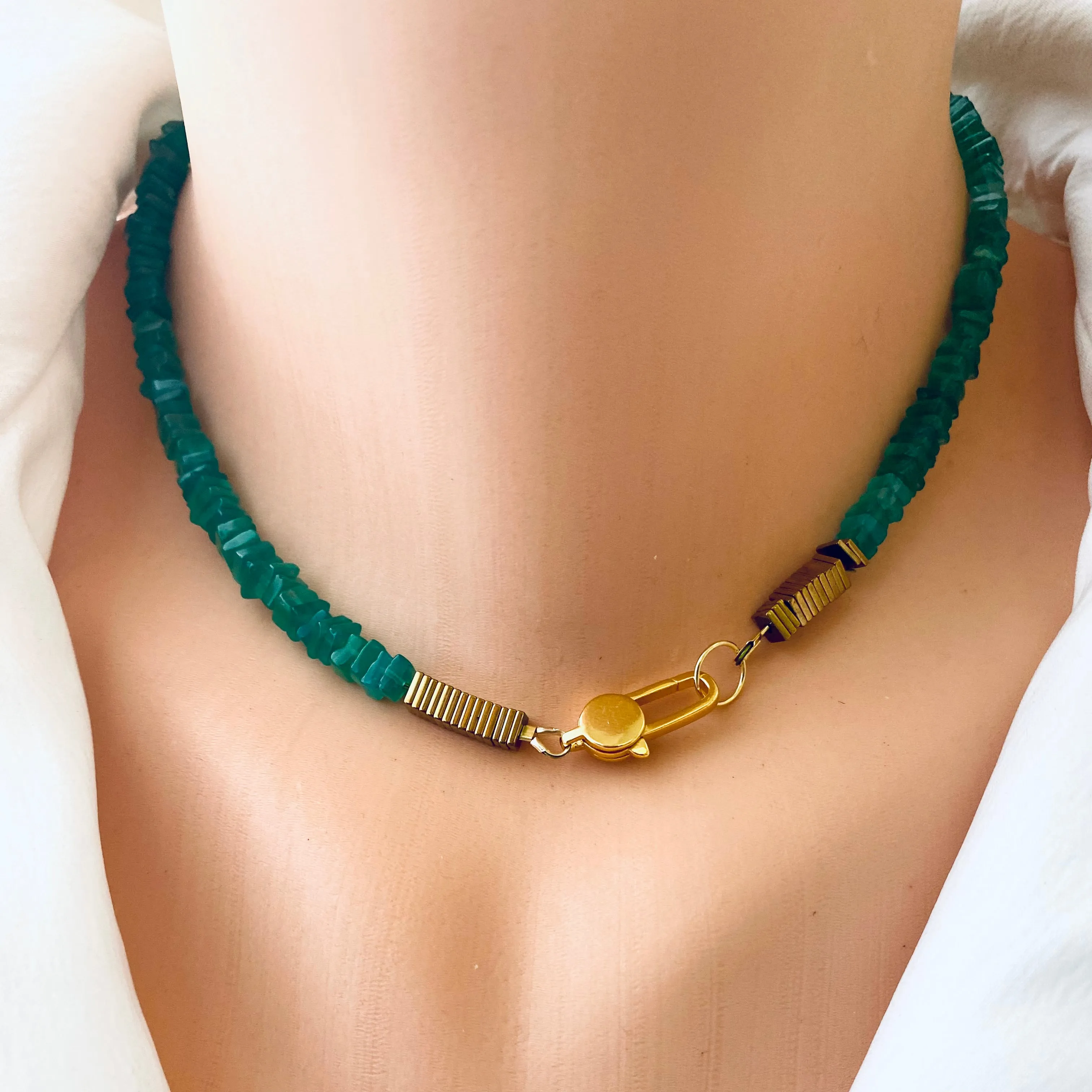 Green Onyx Choker Necklace & Gold Vermeil Details and Clasp, 15.5inches