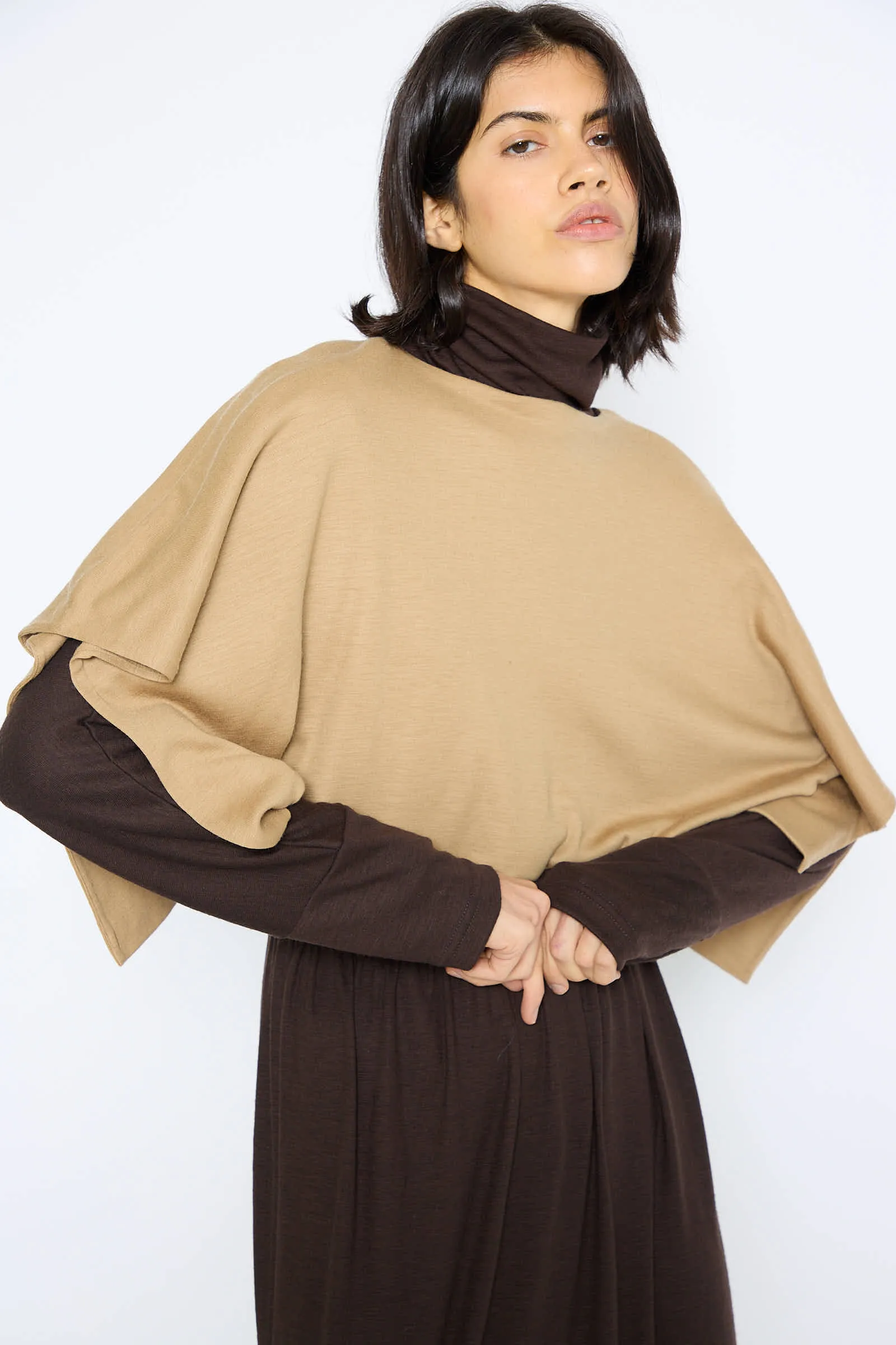 Japanese Wool Jersey Mini Poncho in Camel