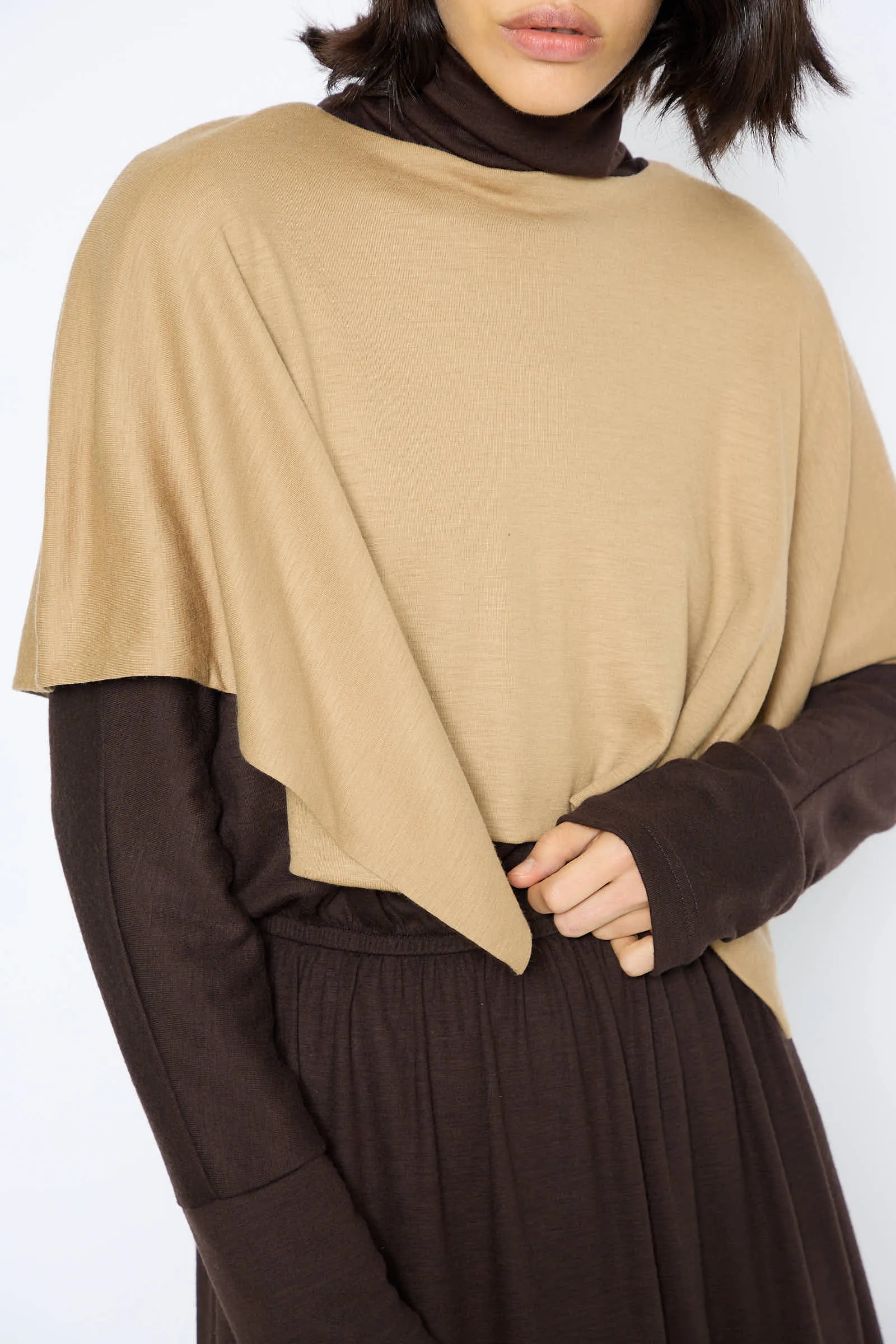 Japanese Wool Jersey Mini Poncho in Camel