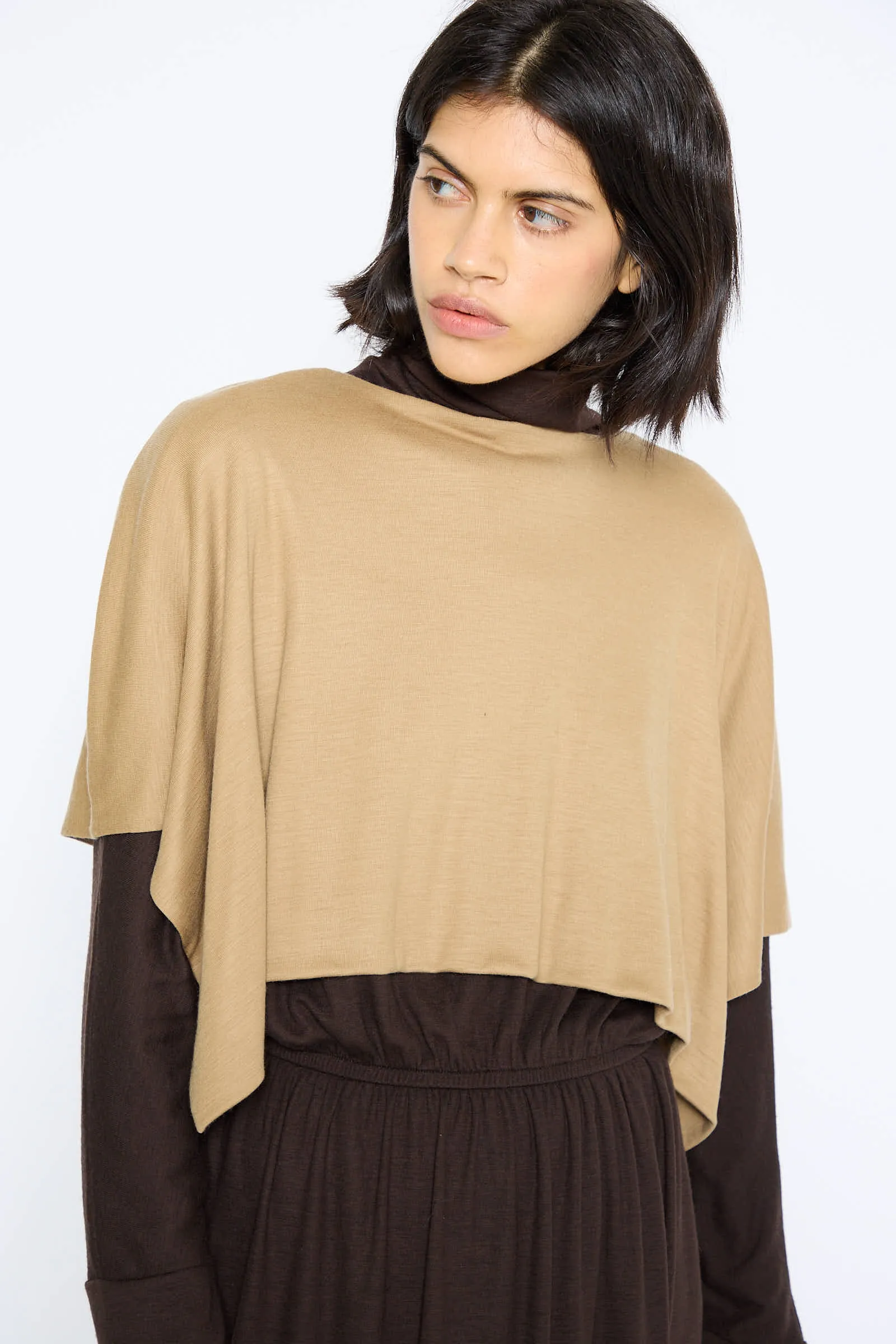 Japanese Wool Jersey Mini Poncho in Camel