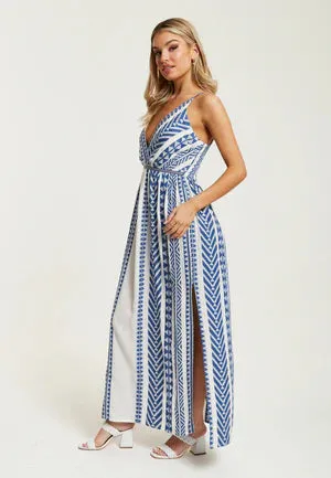 Liquorish Aztec Jacquard Maxi Dress In White And Blue