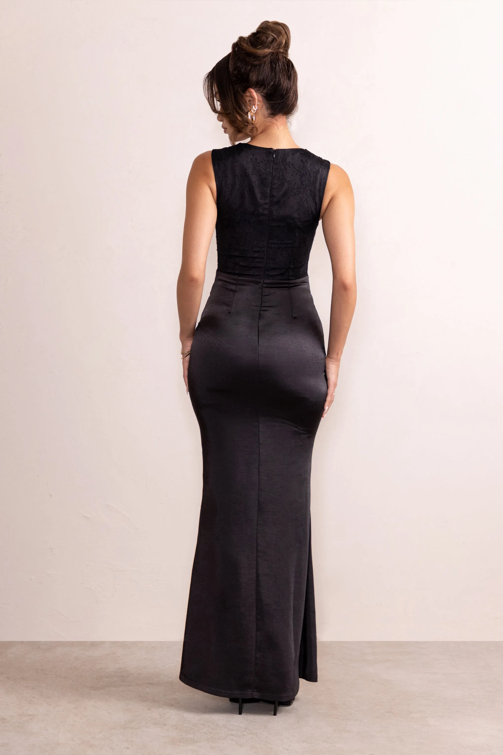 Lola | Black Satin Reverse Sweetheart Lace Overlay Maxi Dress With Diamante Trim