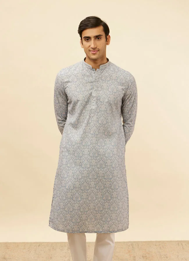 Manyawar Misty Grey Floral Printed Kurta Set