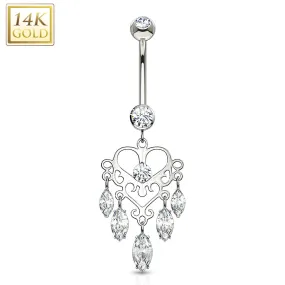 Marquise CZ Dangle Heart Chandelier 14 Karat Solid Gold WildKlass Navel Ring