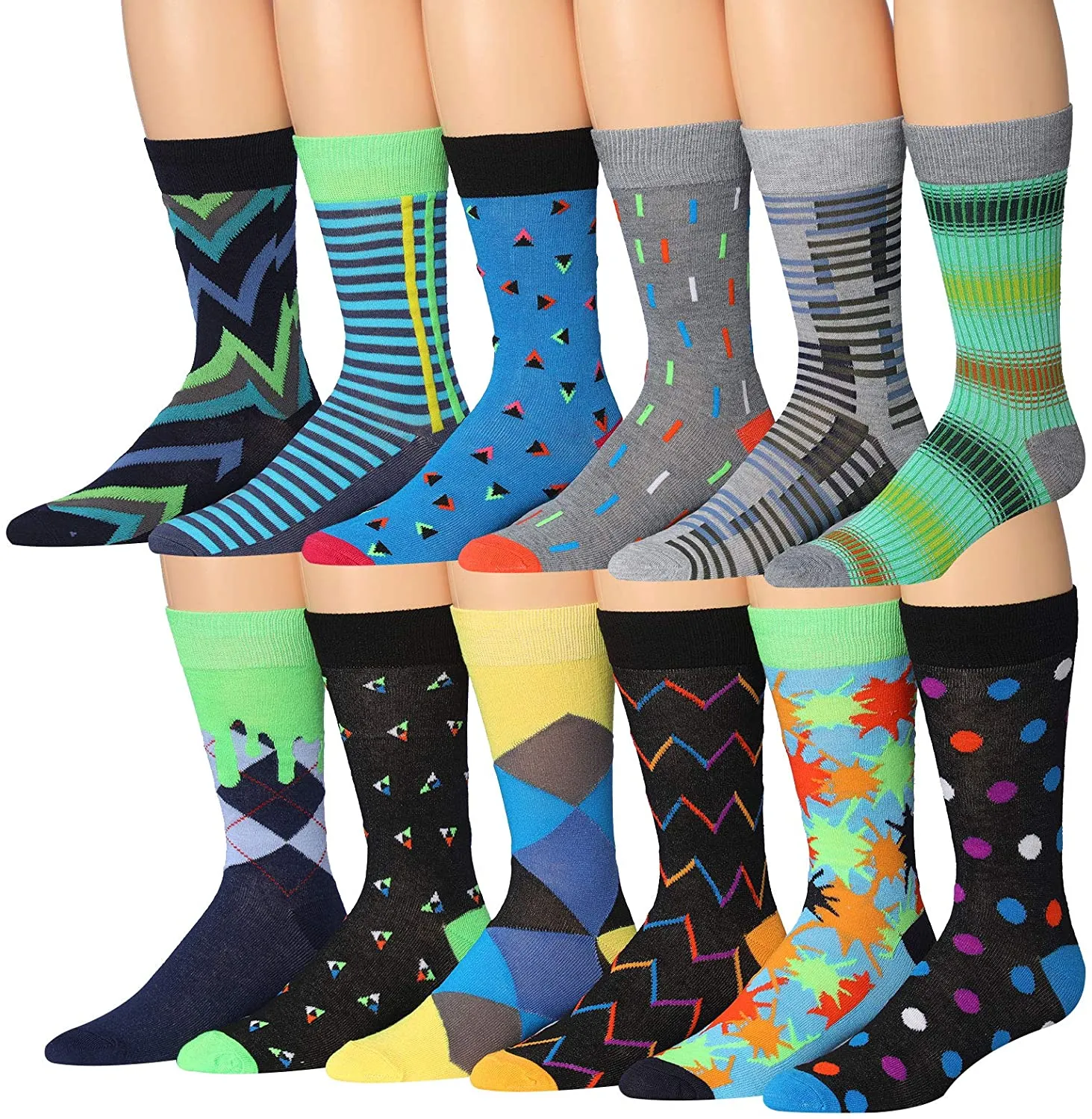 Mens 12-Pairs Funny Funky Crazy Novelty Colorful Patterned Dress Socks