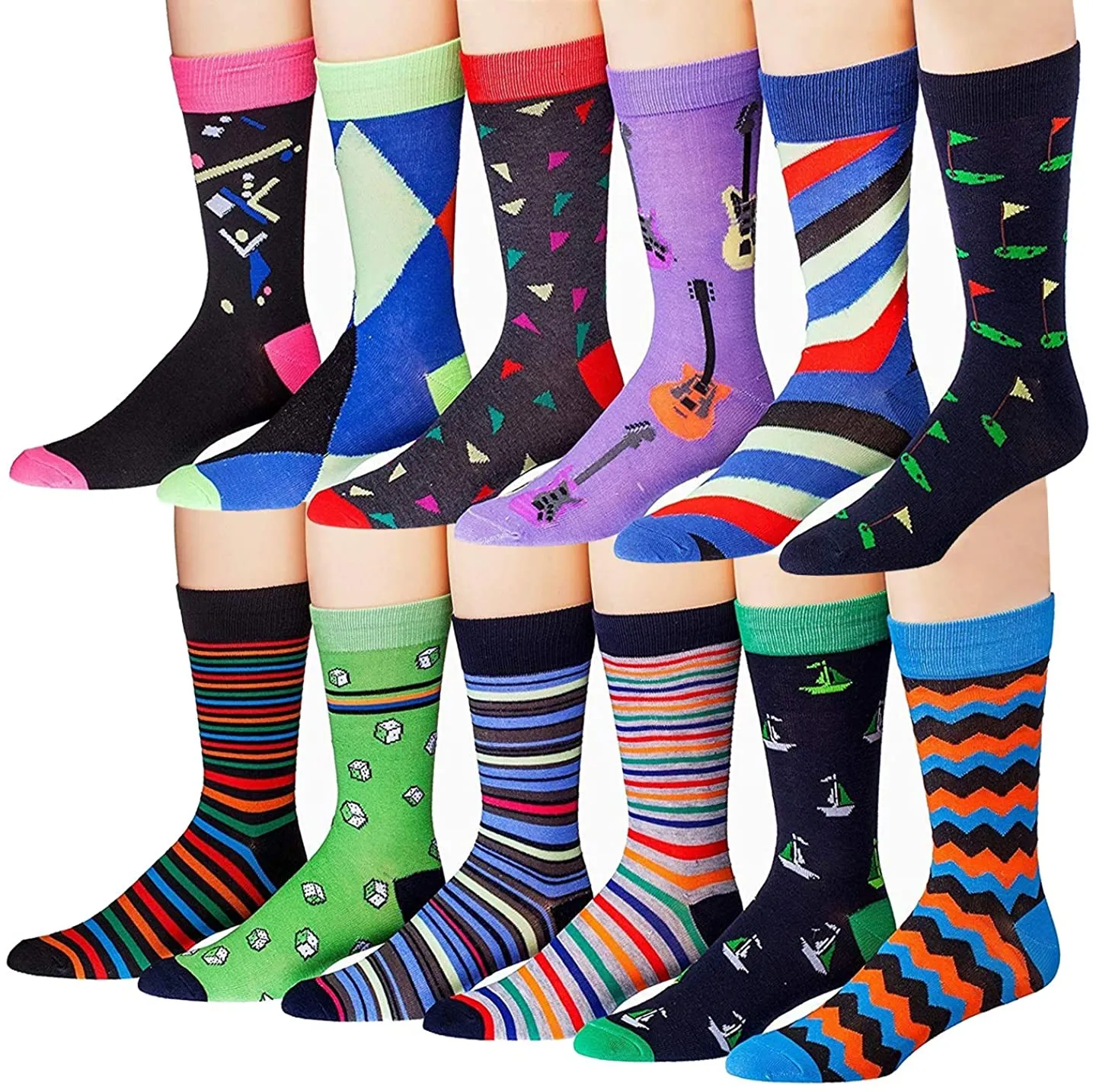 Mens 12-Pairs Funny Funky Crazy Novelty Colorful Patterned Dress Socks