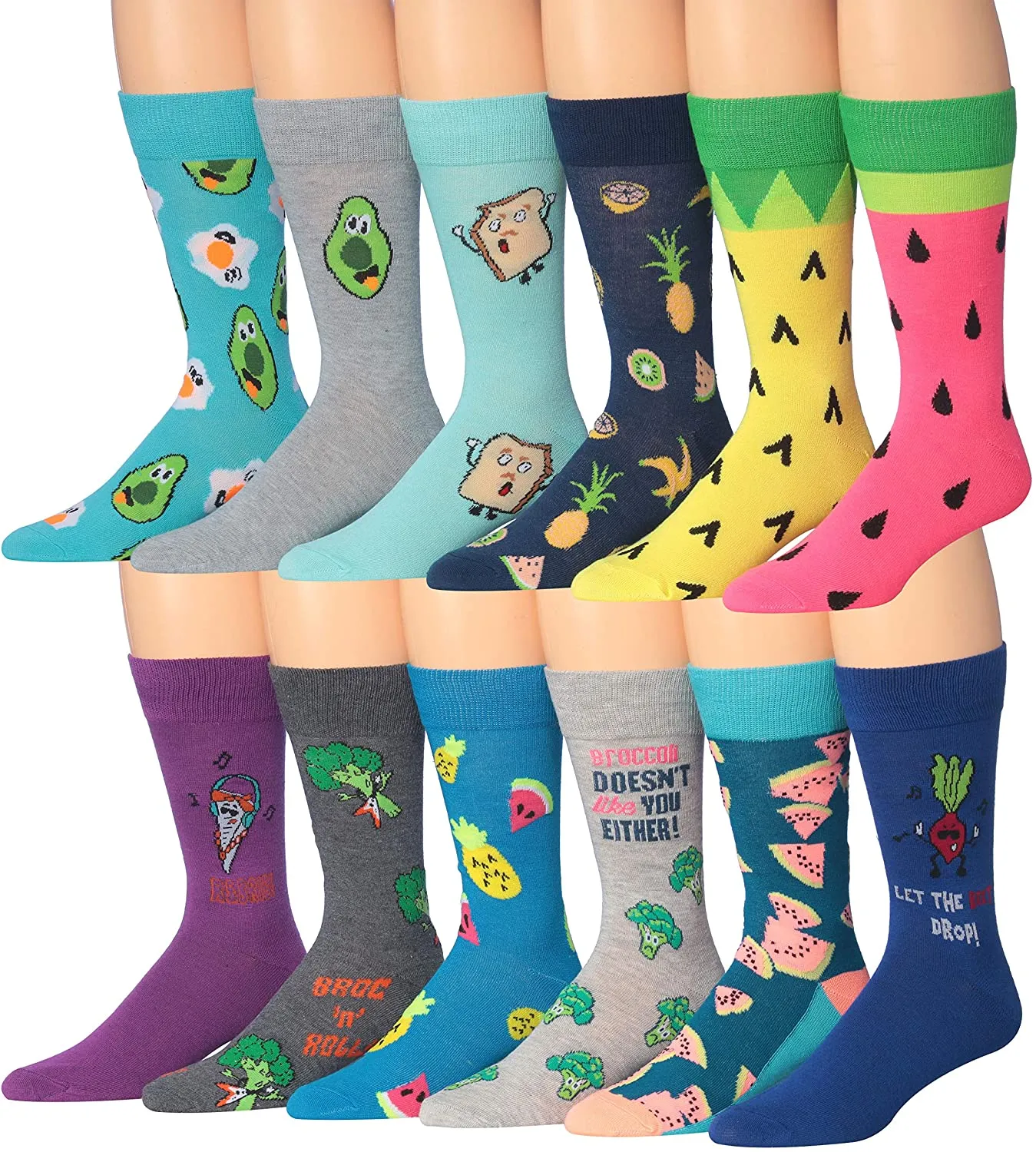 Mens 12-Pairs Funny Funky Crazy Novelty Colorful Patterned Dress Socks